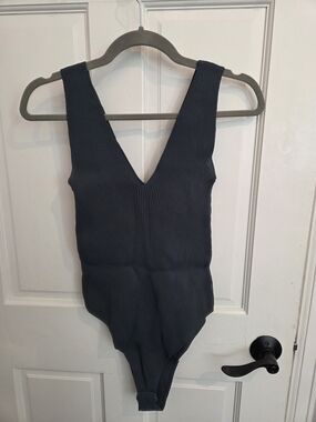 Wishlist Gray/Green Ribbed V-Neck One-Piece Bodysuit